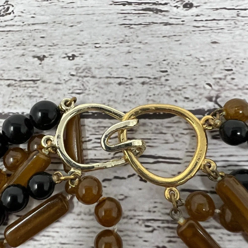 Vintage Beaded Necklace Multi Strand Brown Black Square Round